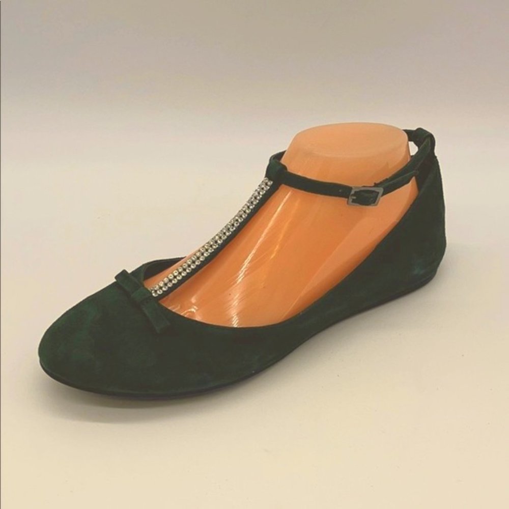 Green suede flats  T-strap rhinestone  closed toe